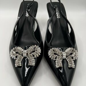 SHOBOO Black Patent Slingback Heels with Crystal Bow Accent